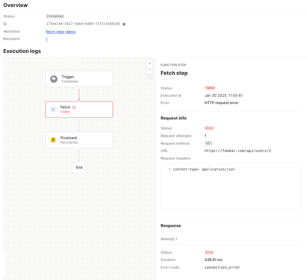 Viewing log details for an unsuccessful fetch function step.